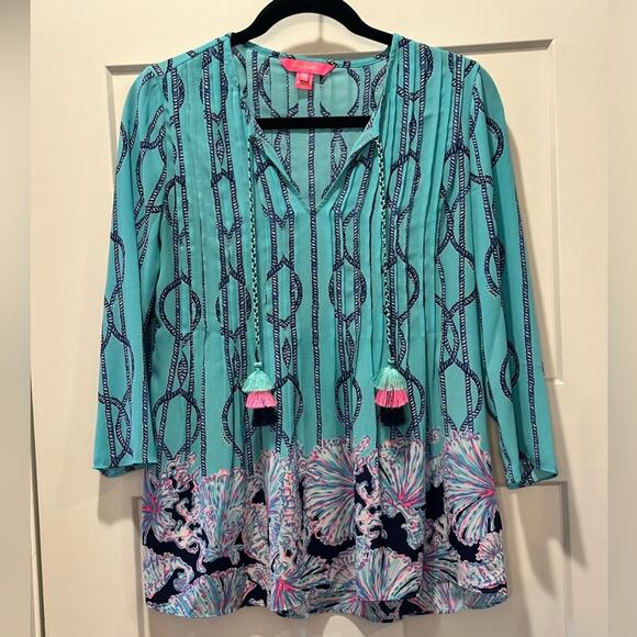 Lilly Pulitzer Marilina Tunic - Light Aqua Frayed Knot Blouse Size XXS - Picture 7 of 8